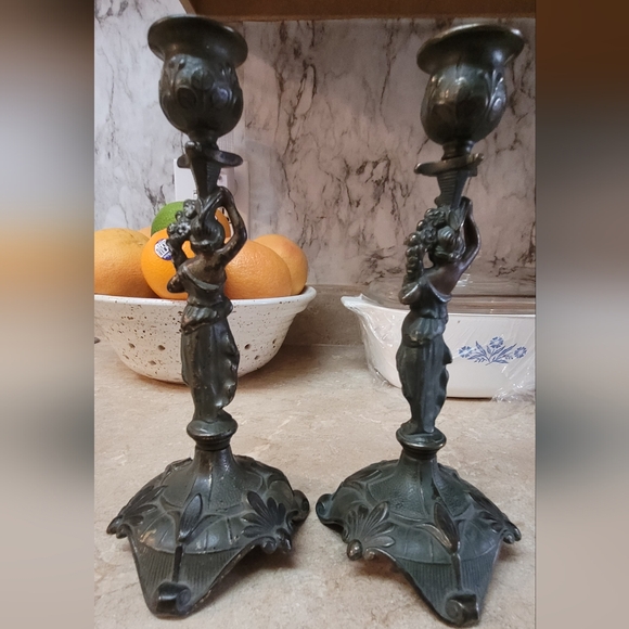 antique bronze candle stick holder set of 2 candle sticks - Picture 2 of 10
